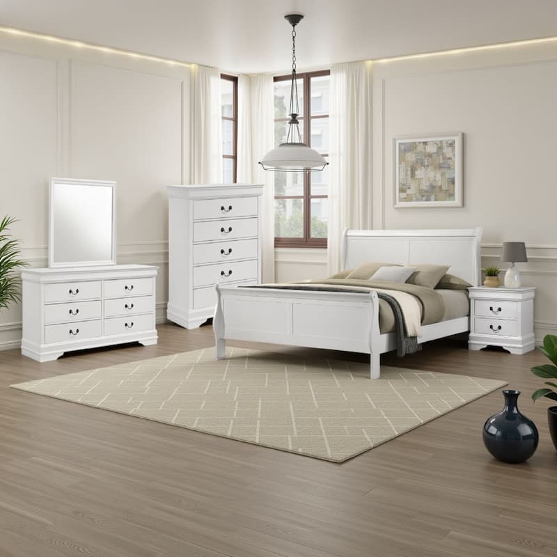 Nim 5pc Queen Bedroom Set, Sleigh Panel Design, White Okume Veneer