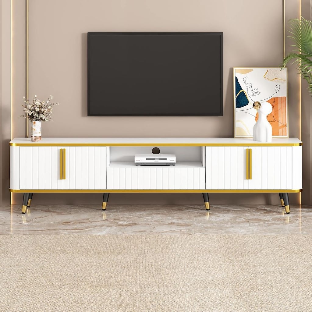 78.8" Luxury Minimalism TV Stand with Storage Shelves and Unique Gold Legs - White/Black