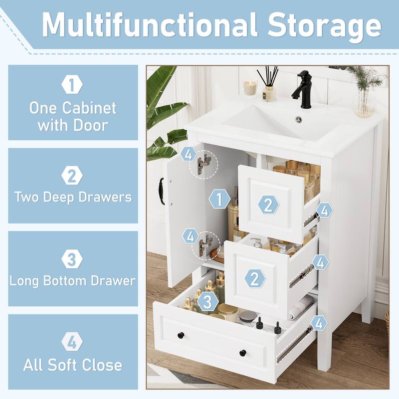 24 inch Bathroom Vanity with Sink, One Cabinet with Soft-closing Door, 3 Soft-closing Drawers, Retro Metal Handles