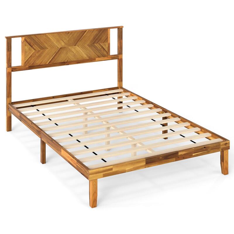 Rustic Golden Brown Twin Size Wooden Platform Bed Frame with Headboard and Under Bed Storage Acacia Wood Construction
