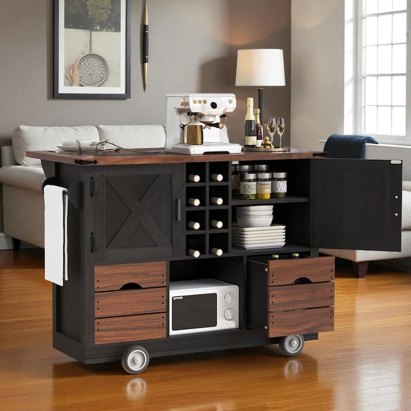 54" Farmhouse Kitchen Island with Drop Leaf, Power Outlet, Storage Cabinets, Drawers, and Rolling Wheels