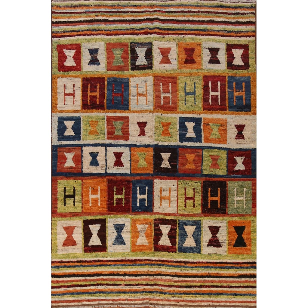 Striped Geometric Moroccan Oriental Area Rug Hand-Knotted Wool Carpet - 6'8" x 9'7"