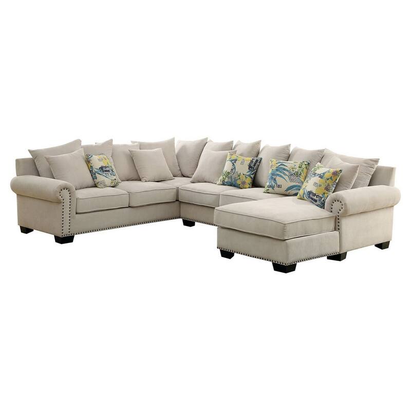 Nailhead Trim Fabric Upholstered Sectional Sofa with Rolled Armrests, Beige