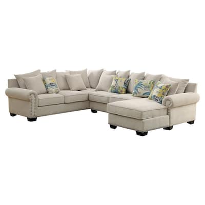 Nailhead Trim Fabric Upholstered Sectional Sofa with Rolled Armrests, Beige
