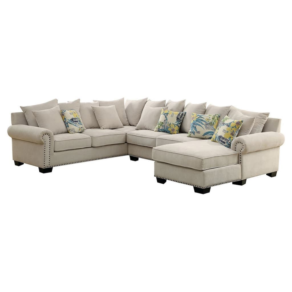 Nailhead Trim Fabric Upholstered Sectional Sofa with Rolled Armrests, Beige