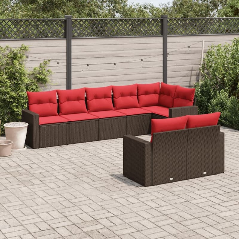 vidaXL Patio Sofa Set with Cushions Outdoor Conversation Furniture Poly Rattan - Brown and red without table