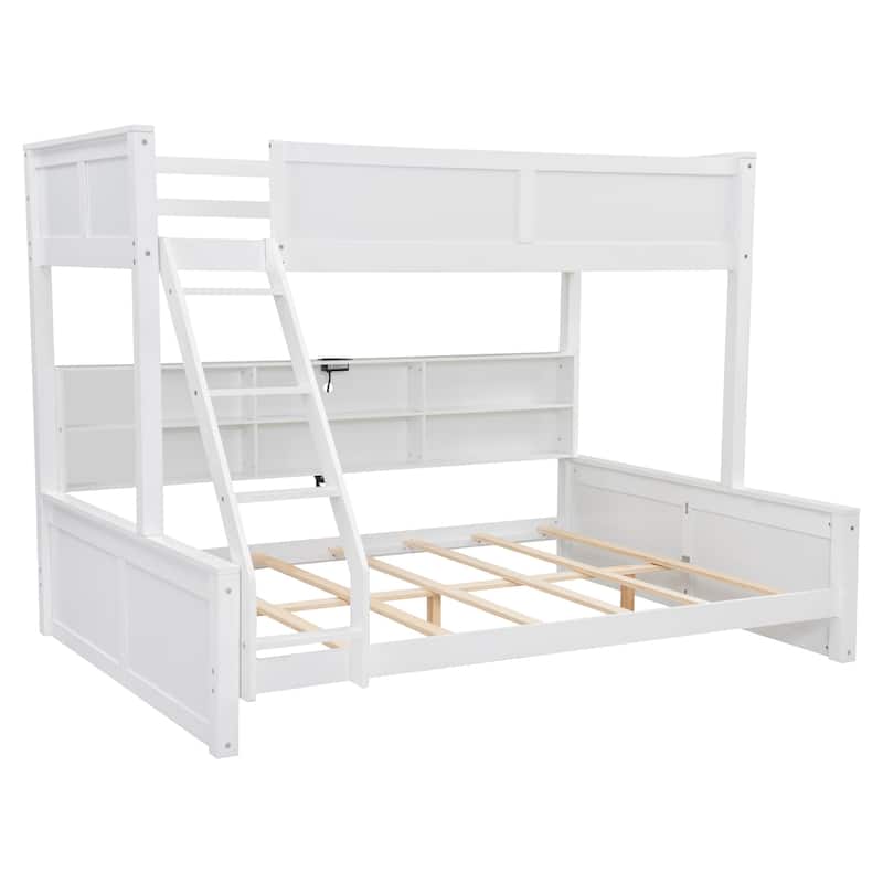 Twin XL over Queen Bunk Bed with Storage Cabinets and USB Ports, Antique Wood Color