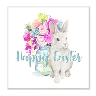 Stupell Happy Easter Calligraphy Bunny Pink Flower Bouquet Wood Wall Art - Multi-Color