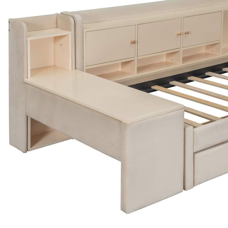 Twin Size Upholstered Daybed with Built In Desk, Velvet Fabric Storage Sofa Bed Frame with 2 Drawers, Shelves and Flip Cabinets