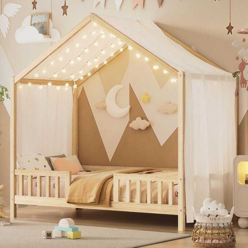 Twin Bed Frame for Kids, House Shape Toddler Bed Frame with High Railings, Wood Kids Bed with Roof - Natural