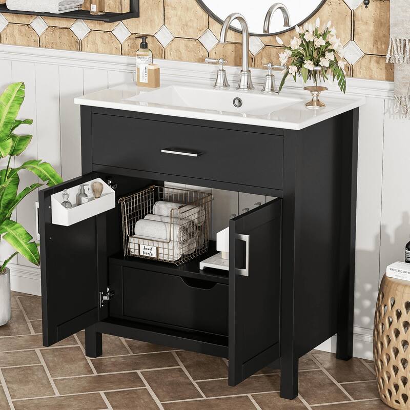 Compact 30-Inch Bathroom Vanity with Ceramic Sink, Premium Wood Frame & Soft-Close Doors