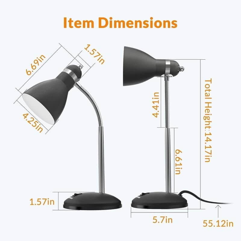 Metal Desk Lamp, Adjustable Goose Neck Table Lamp - 6.69"D x 5.7"W x 14.17"H