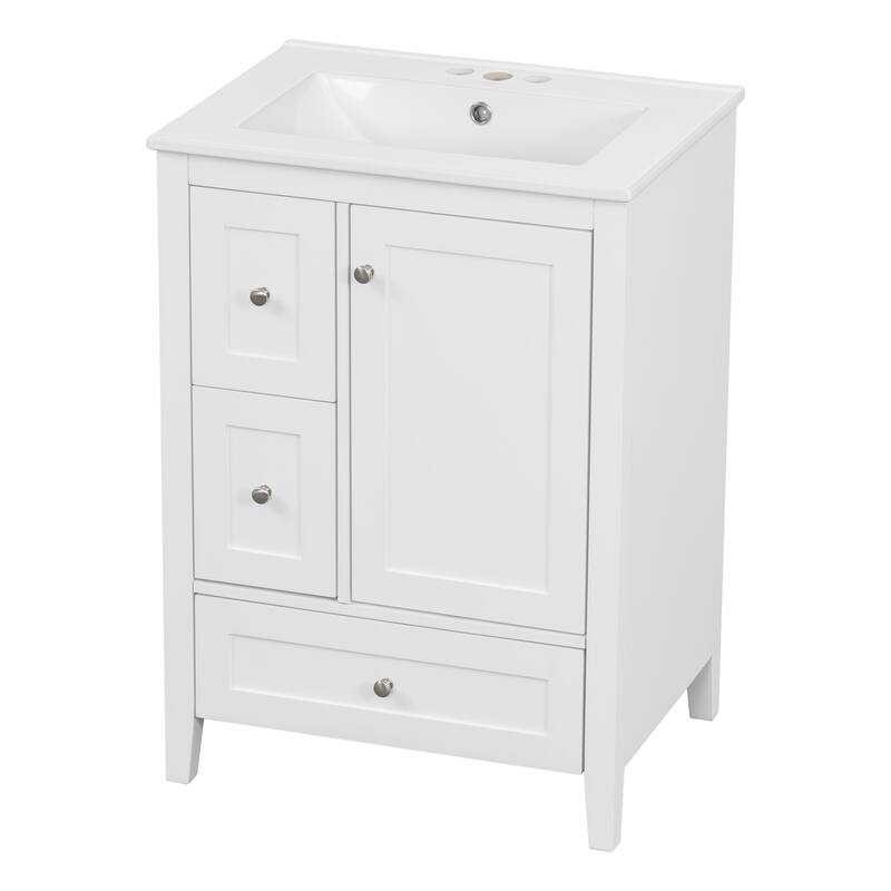 24-Inch Bathroom Vanity with Storage, Adjustable Shelf, MDF & Rubberwood, Removable Dividers