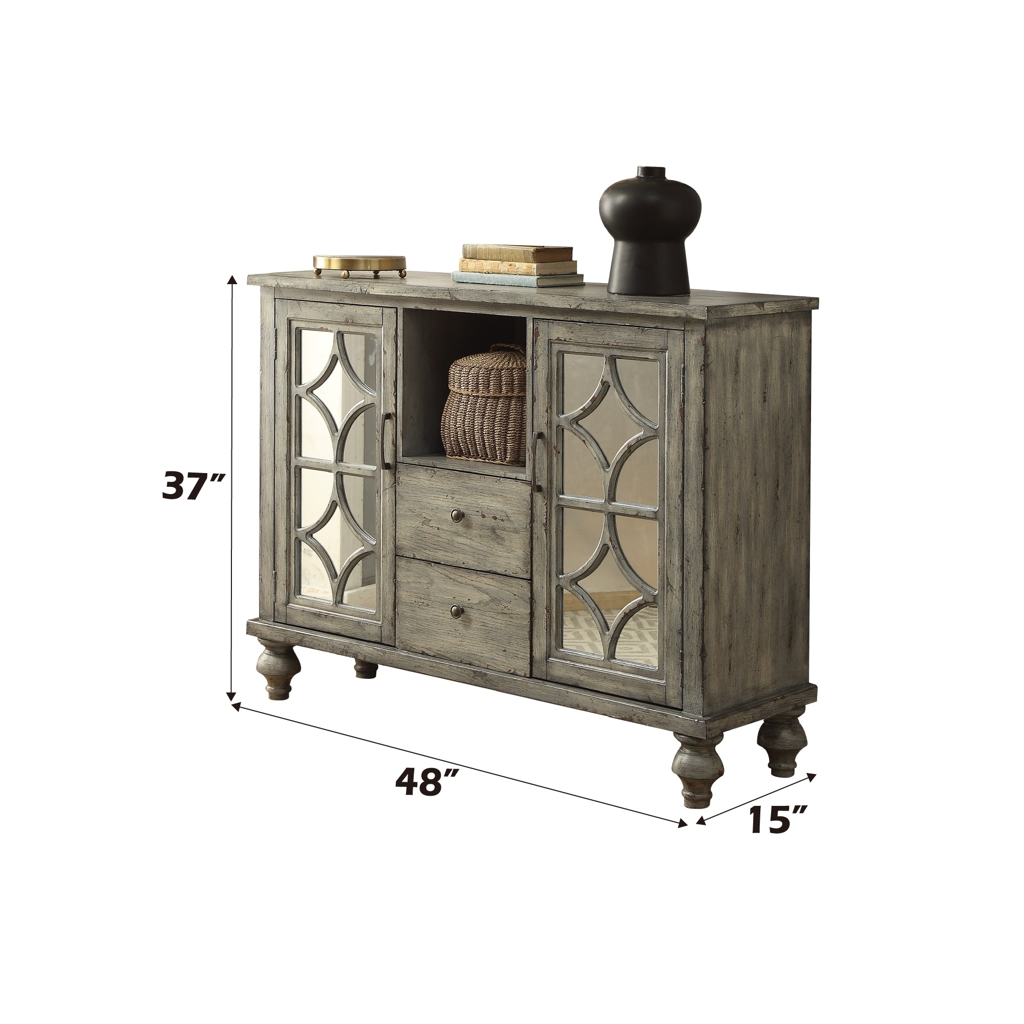 Console Table With Open Compartment Storage And Weathered Finish For Living Room