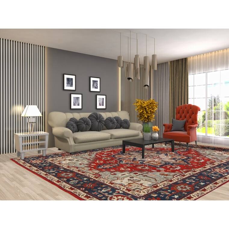 Geometric Red Heriz Serapi Oriental Area Rug Handmade Wool Carpet - 8'10"x 12'0"