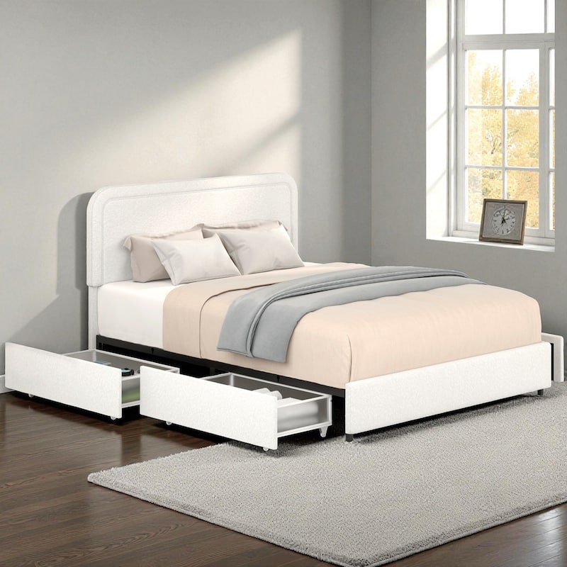 Queen Ivory Boucle Upholstered Platform Bed with 4 Storage Drawers, Curved Tufted Headboard, Wooden Slats, No Box Spring