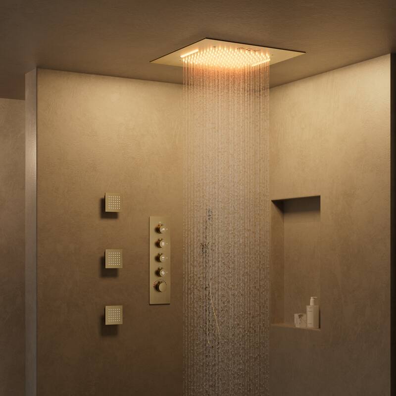 GRANDJOY Thermostatic Shower System 20" Ceiling Mount Shower Head Handheld Spray and Body Jets Combo LED Music
