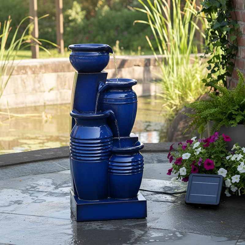 Teamson Home 28.74" 4-Tier Outdoor Fountain with LED Lights, Solar Powered, Weather-Resistant Faux Stone for Garden & Patio