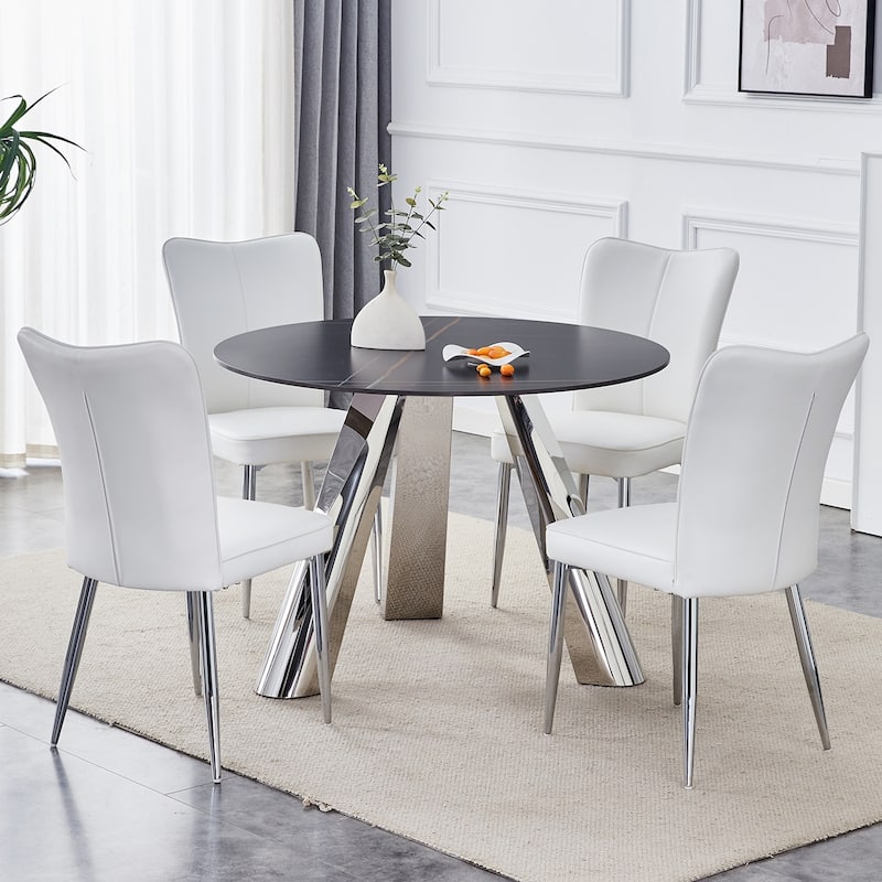 5-Piece Round Dining Table Set with Stain-Resistant Surface, PU Chairs, Military-Grade Steel Legs,Scratch-resistant