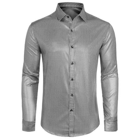 Men's Sequin Shirt Long Sleeves Button Down Disco Party Shirt - Silver