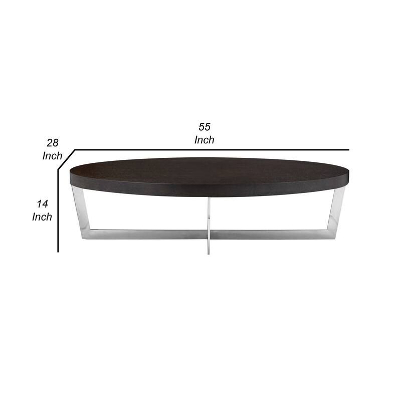 Tini 55 Inch Coffee Table, Oval Top, Chrome Frame, Espresso Brown Finish
