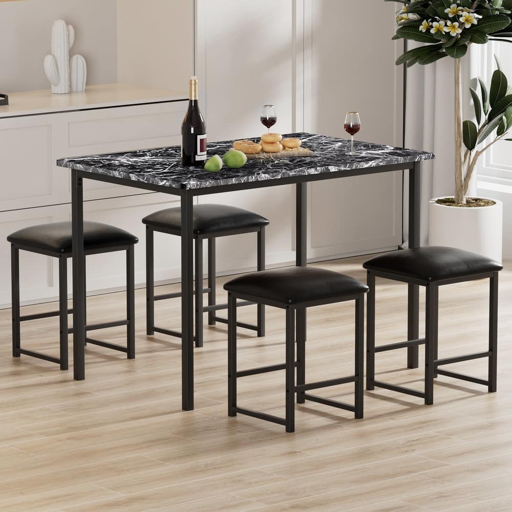 VECELO 5-Piece Dining Table Set with Black PU Leather Stools Space-Saving Rectangle Dining Set for Small Spaces Apartments
