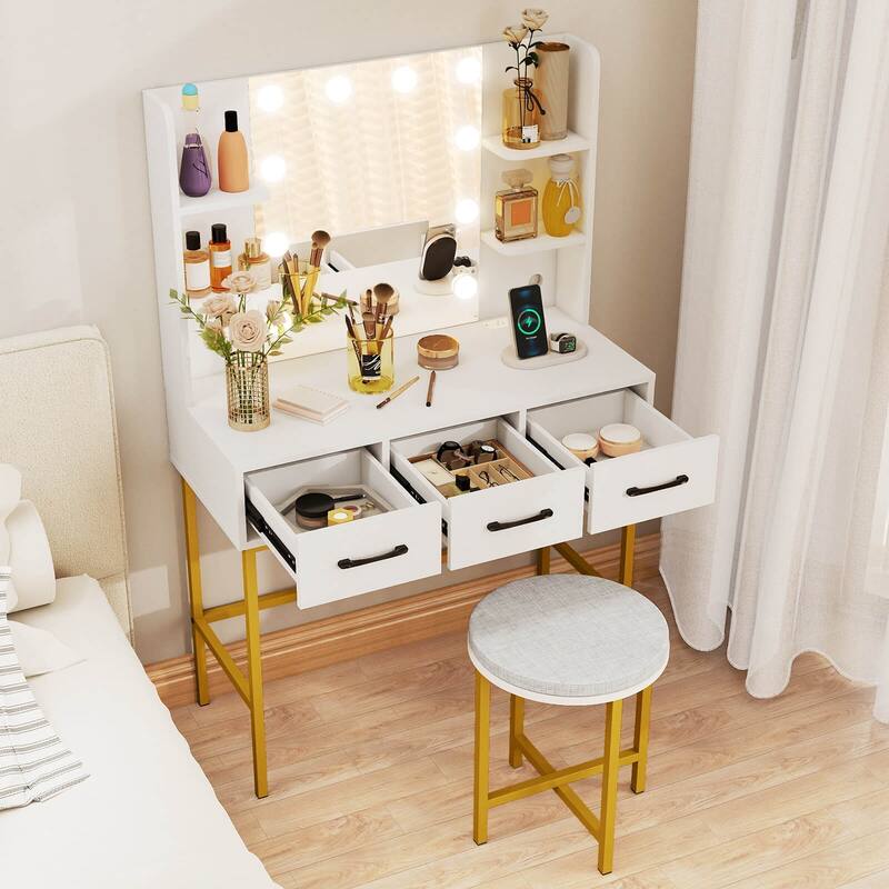 Costway Vanity Desk with Mirror Lights Power Outlets 4 Open Shelves 3 - See Details