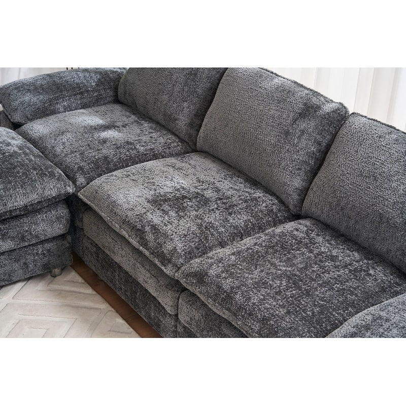 Modern Upholstered Living Room L Shaped Sofa,Comfy Sofa Couch with Ottoman and Pillow Arms