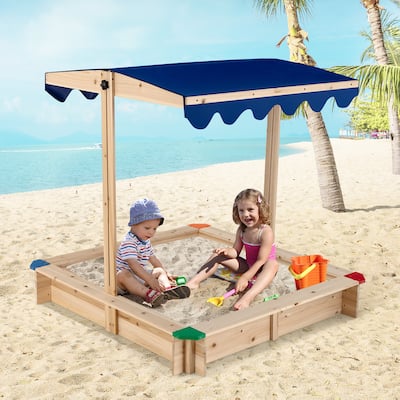 Kids Wooden Sandbox with Height Adjustable & Rotatable Canopy Playset