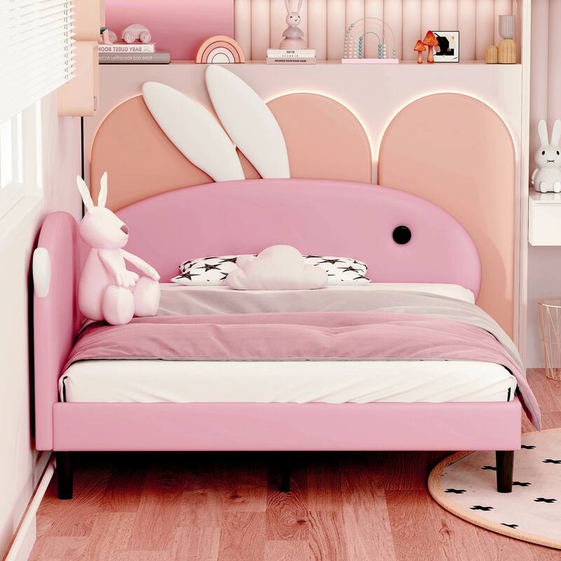 Pink Kids Bed Lovely Rabbit-Shape Daybed with Soft Backrest and Rabbit-ear Headboard, Platform Daybed Frame for Kids' Rooms