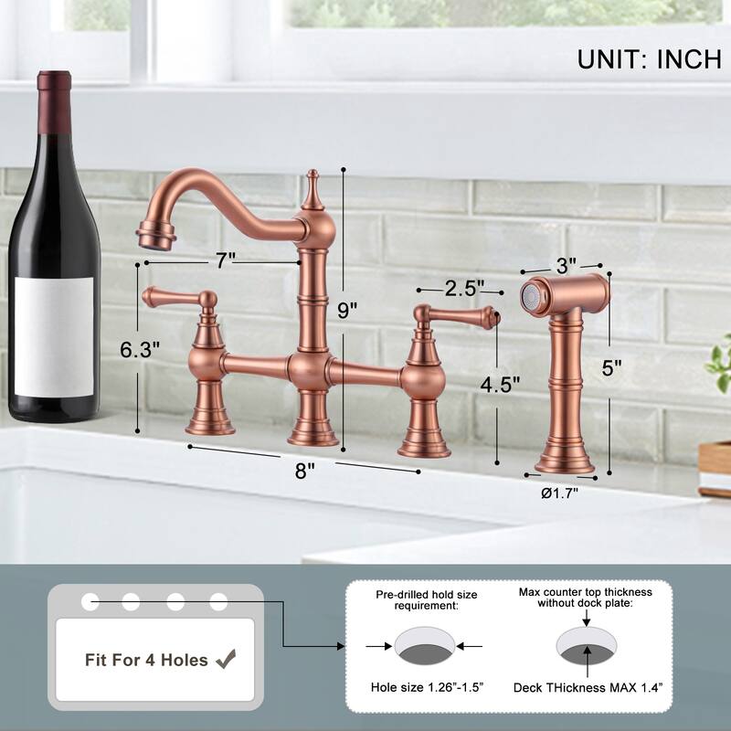WOWOW Double Handle Bridge Kitchen Faucet with Side Sprayer