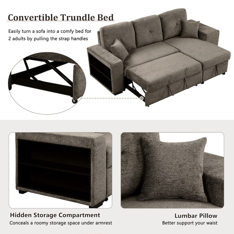 95" Velvet Sectional Sofa with Storage Chaise and 2 Stools and Reversible L-Shape Sofa Bed