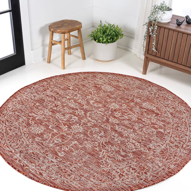 JONATHAN Y Sinjuri Bohemian Textured Weave Floral Indoor/Outdoor Area Rug - 9' Round - Red/Taupe