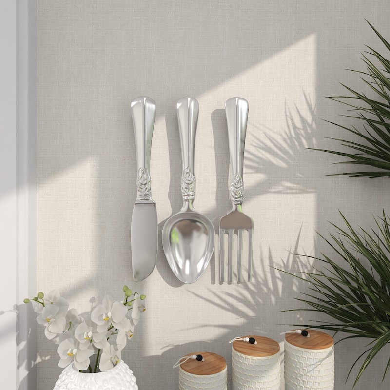 Aluminum Metal Large Knife, Spoon, and Fork Utensils Wall Decor (Set of 3) - Silver or Copper