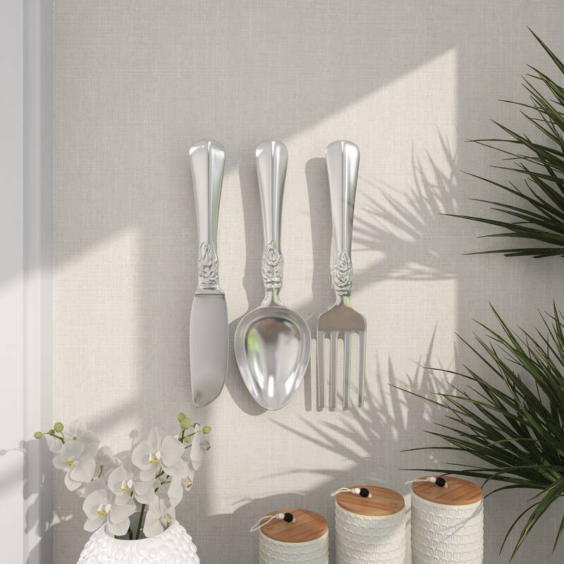 Aluminum Metal Utensils Knife, Spoon and Fork Home Wall Decor - Set of 3 Silver or Copper - Roche River Decor