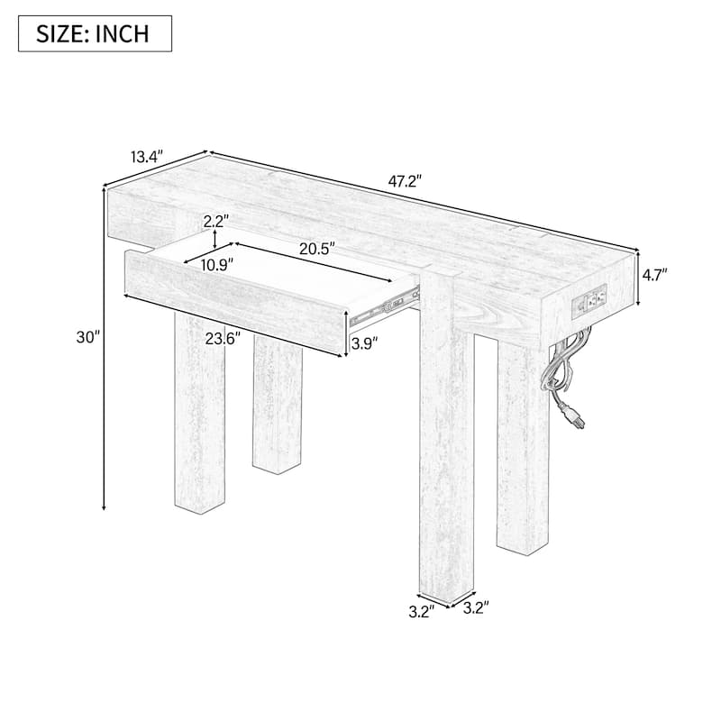 Rustic Minimalist Console Table with 1 Hidden Drawer and Side Power Outlet