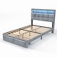 preview thumbnail 1 of 21, Full Size Upholstered Bed Frame with LED Lights and Charging Ports, Storage Headboard with Shelves Light Grey