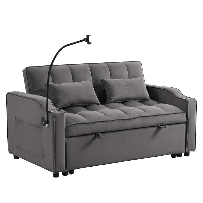 Foldable Sofa Bed with USB and Phone Holder, 2-Seat Settee with Two Pillows, Love Seat Couch with Adjustable Backrest