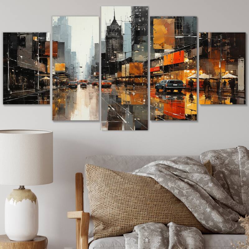 Designart "Cityscape Collage V" Abstract Collages Multipanel Wall Decor set - 60 In. Wide X 32 In. High - 5 Panels Diamond Shape