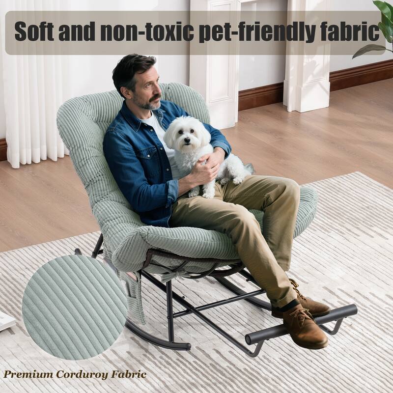 HOMEFUN Corduroy Upholstered Egg Shaped Design Steel Frame Rocking Chair with Side Pocket and Foot Pedal