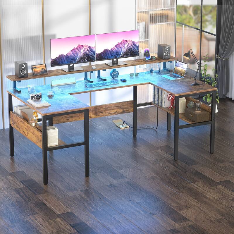 U-Shape Reversible Gaming Desk Monitor Computer Table with USB Ports and LED Lights