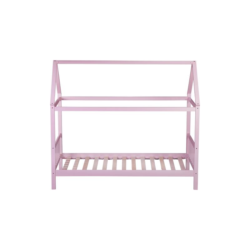 Pink Twin House Bed with Headboard and Footboard, Rubber Wood Frame, Space-Optimizing Design