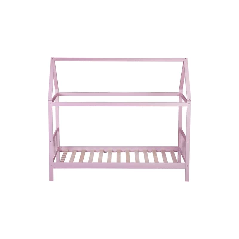 Twin House Bed with Headboard and Footboard, Twin Rubber Wood Bed with House Frame