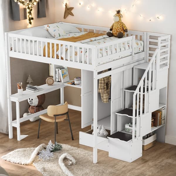 slide 2 of 9, Full Size Loft Bed With Bookshelf,Drawers,Desk,and Wardrobe for Home White