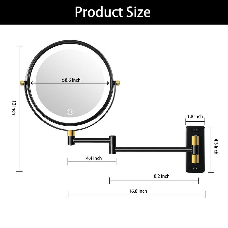 360° Swivel Wall Mounted Makeup Mirror with LED Lights & Extension Arm, 8.6"/8"in. Double Sided 1X/10X Magnifying Mirror