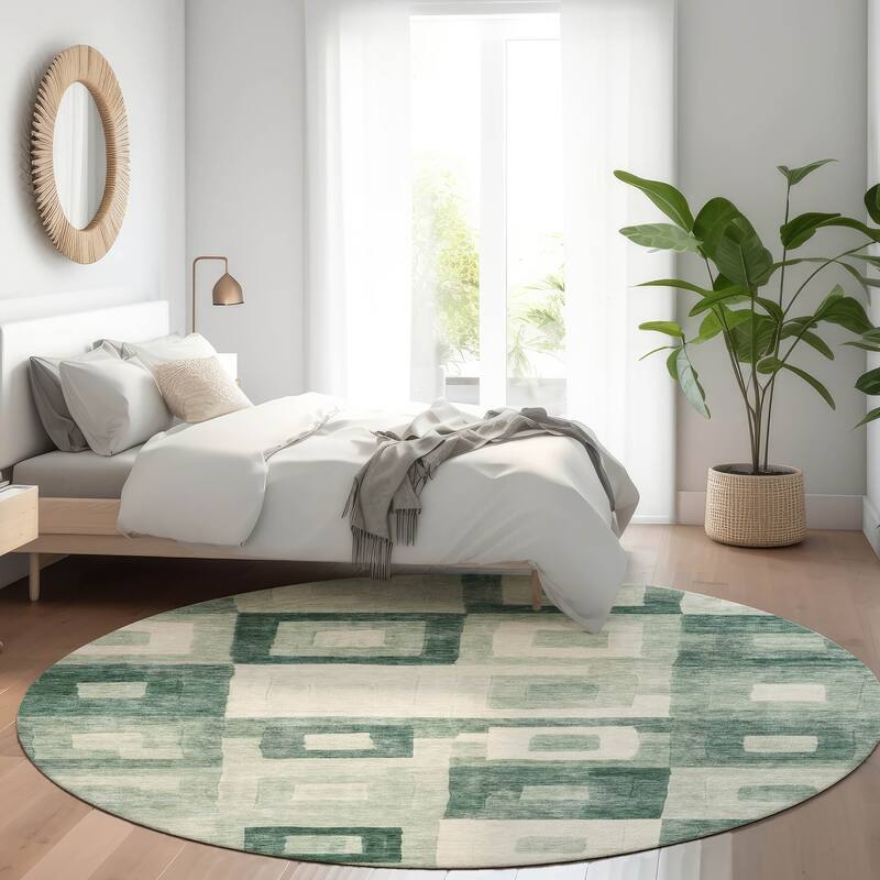 Machine Washable Indoor/ Outdoor Contemporary Blocks Chantille Rug - Green - 8' x 8'