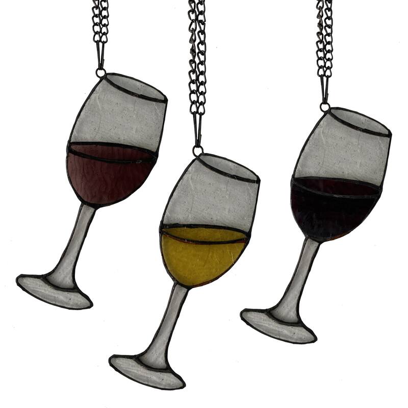 River of Goods Set of 3 Wine Glass Trio River of Goods Multicolored Stained Glass Window Panels - 3" x 0.25" x 8.75"