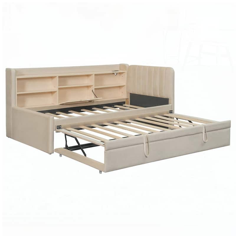 Upholstered Daybed with Trundle and Storage Shelves
