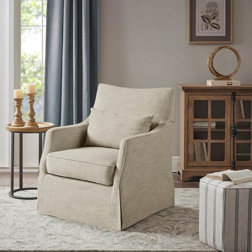 Roomfitters Modern Skirted Swivel Armchair, Traditional Martha Stewart Bedford Collection Lounge Seating with Pillow, Beige