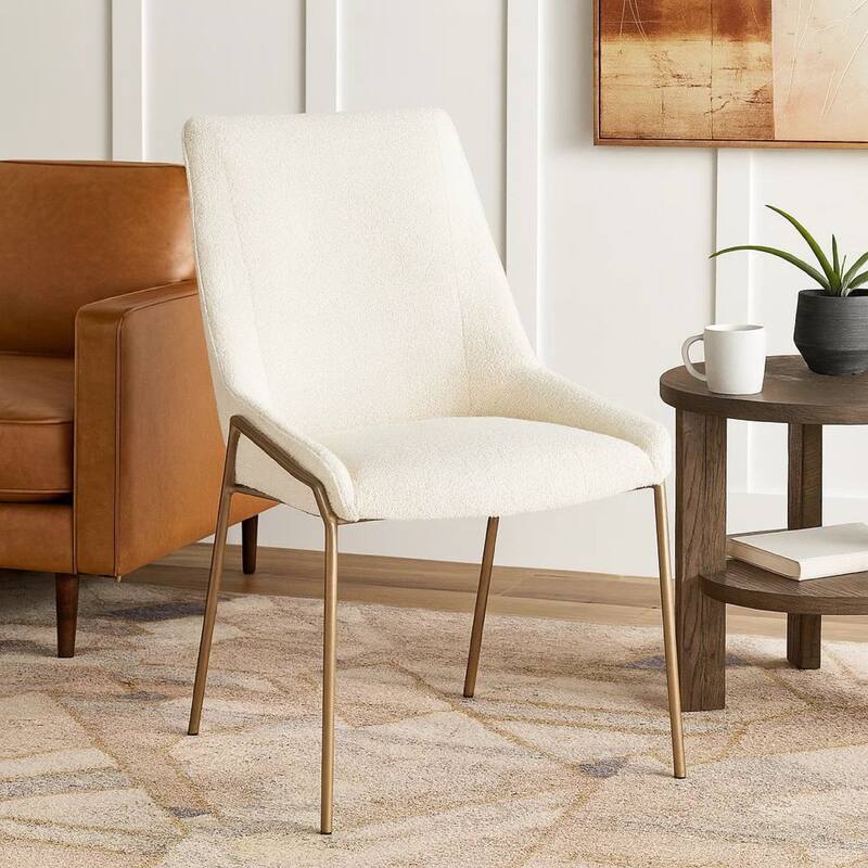 Rise 21 Inch Dining Chair, Boucle Upholstery, Tapered Legs, Set of 2, White, Bronze